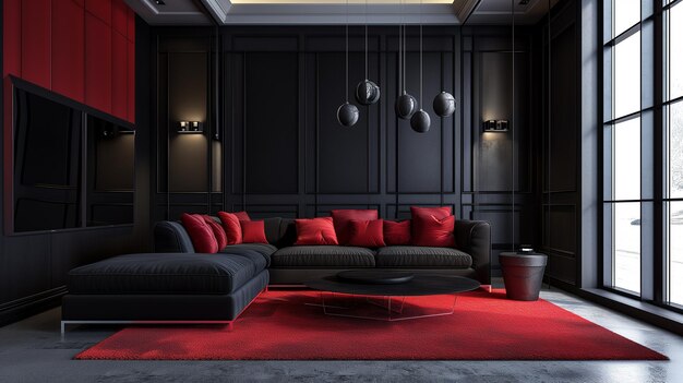 Photo interior of modern living room with black walls concrete floor black sofa and red carpet 3d rende