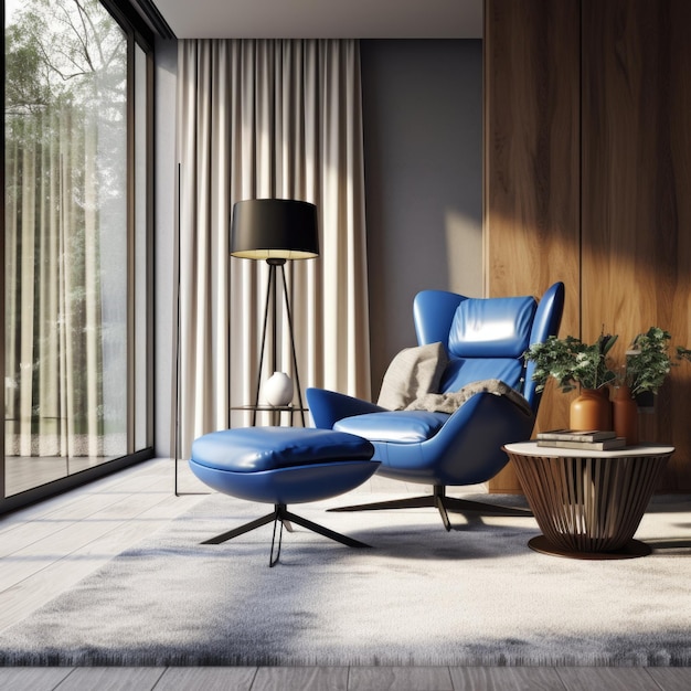 Interior of modern living room with blue armchair and coffee tables Home design 3d rendering