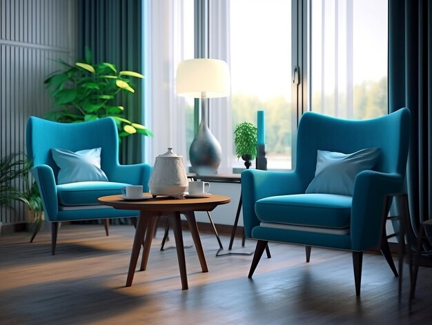 Interior modern living room with blue armchairs and coffee table