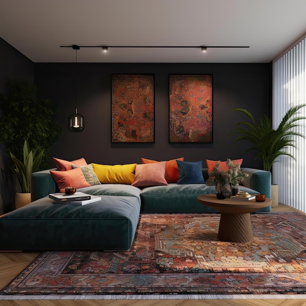 Interior of modern living room with blue sofa coffee table and plants