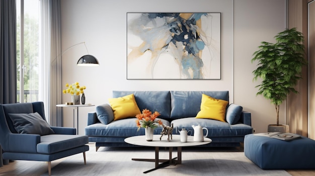 Interior of a modern living room with blue sofa