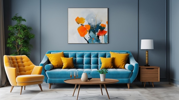 Interior of a modern living room with blue sofa