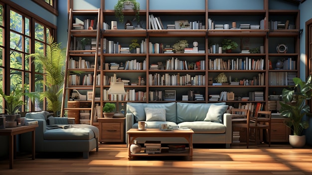 interior of modern living room with bookshelves and book