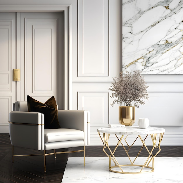 Photo interior of modern living room with brass coffee table and white armchair empty marble wall home design 3d rendering