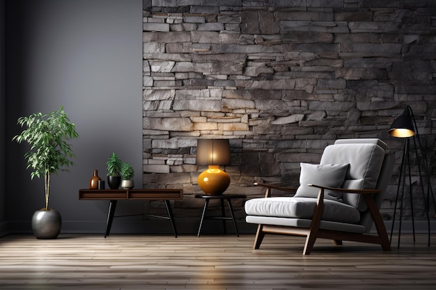 Interior of modern living room with brick wall and wooden floor Mockup