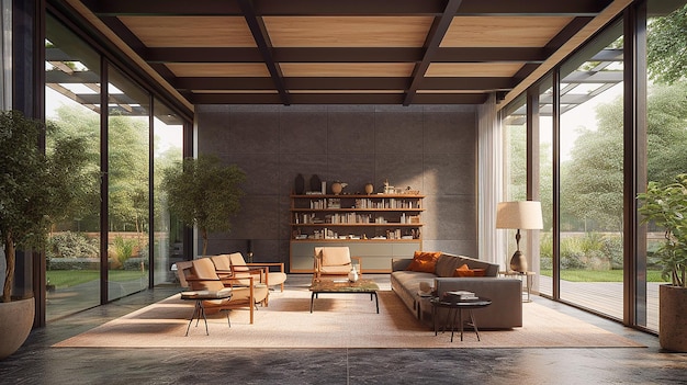 Interior of modern living room with brown walls concrete floor comfortable armchairs and bookcase