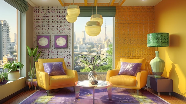 갈색 목조 벽,  소파 및 식물 3d 렌더링으로 현대적인 거실 내부