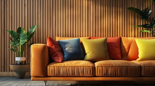 Интерьер современной гостиной с коричневыми деревянными стенами белый диван и растения 3D рендеринг