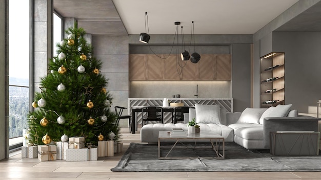 Interior of modern living room with christmas tree 3D rendering