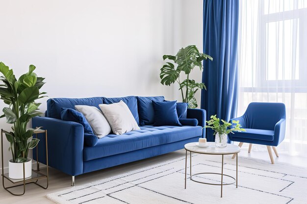 Photo the interior of a modern living room with a dark blue sofa modern cosy living room and blue wall texture background interior design 3d rendering generative ai