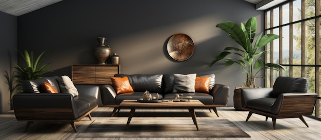 어두운 회색 벽 을 가진 현대적 인 거실 내부 나무 바닥 오렌지색 베개 와 커피 테이블 을 가진 편안 한 갈색 소파
