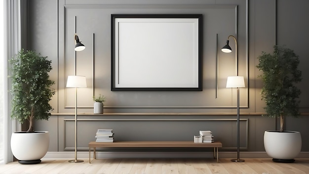 Interior of modern living room with empty frame on the wall and wooden floor