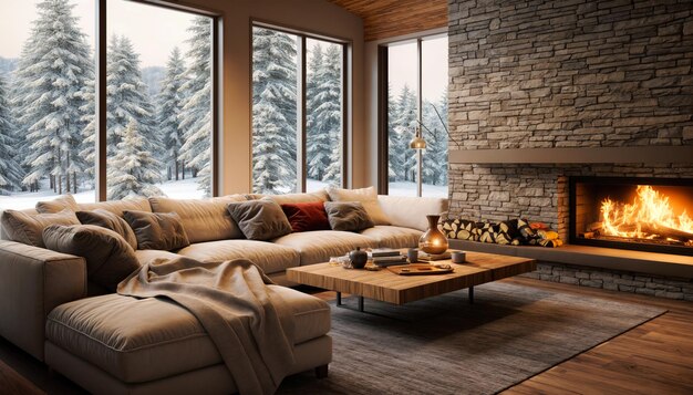 Interior of modern living room with fireplace 3D rendering