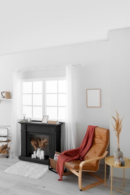 Interior of modern living room with fireplace and armchair