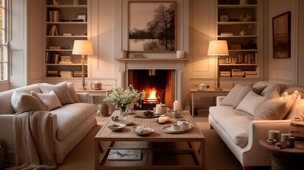 интерьер современной гостиной с камином и диваном