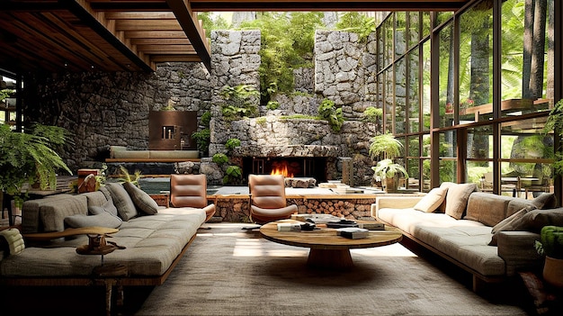 Interior of modern living room with fireplace and stone wall 3d render