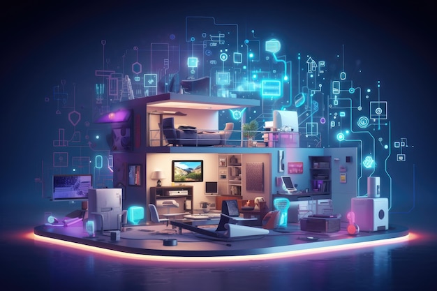 Interior of modern living room with glowing digital interface 3D Rendering Showcase the potential of the Internet of Things with a visually striking image of a smart home filled AI Generated