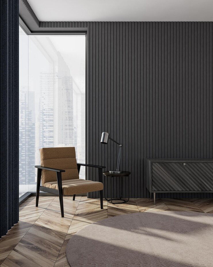 Photo interior of modern living room with gray walls, wooden floor, beige and black armchair standing near the window and a gray closet. 3d rendering