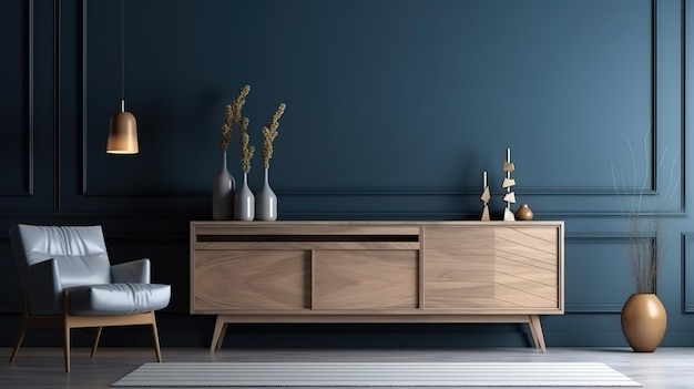 Interior of modern living room with gray wooden sideboard over blue wall Generative Ai