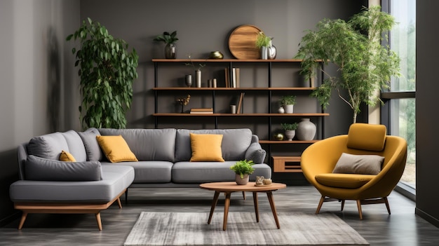 Interior of modern living room with grey sofa and yellow armchair Generative AI