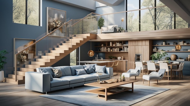 The interior of a modern living room with a kitchen a dining area and a wooden staircase