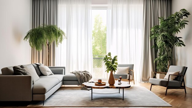 Interior of modern living room with orange sofa coffee table and plants