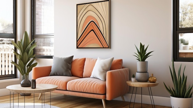 Интерьер современной гостиной с оранжевым диваном Генеративный ИИ