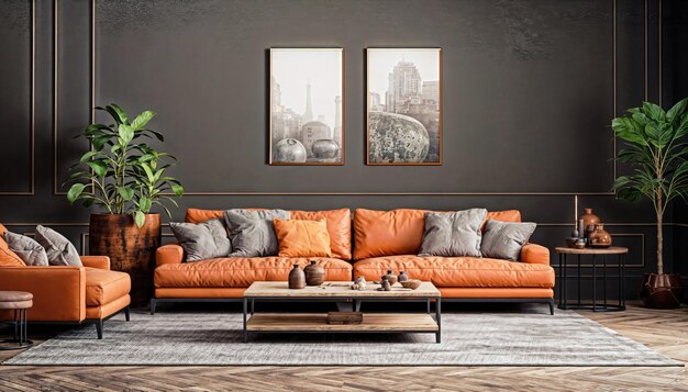 Photo interior of modern living room with orange sofand coffee table 3d render