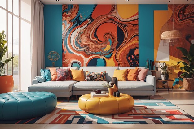 Interior of modern living room with orange walls orange sofa and blue armchairs near round coffee t