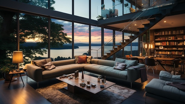 The interior of a modern living room with panoramic windows and beautiful views from the windows 3D