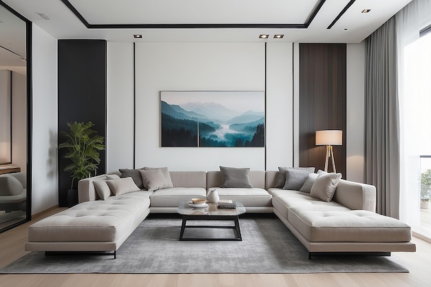 Photo interior of modern living room with pillows