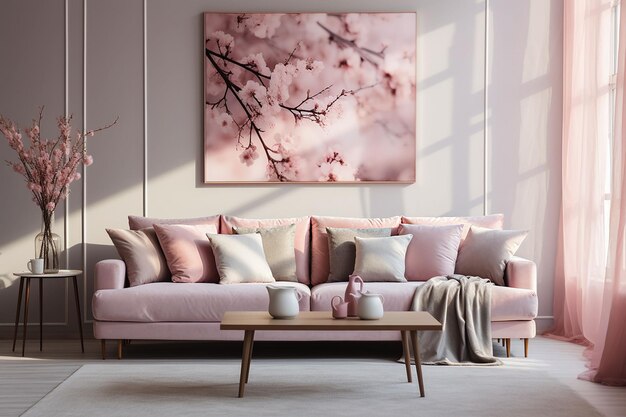 Interior of modern living room with pink sofa coffee table picture on the wall and flowers