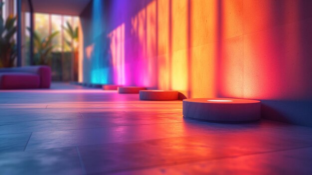 Interior of modern living room with red and blue lighting