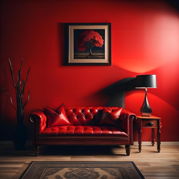 Интерьер современной гостиной с красным диваном и черной лампой