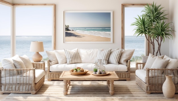 interior of modern living room with sea view 3d render