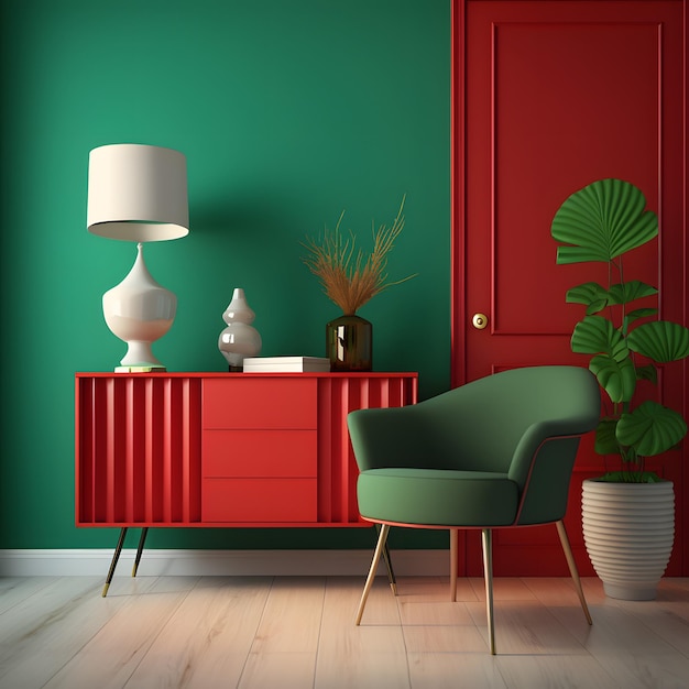 Interior of modern living room with sideboard over green wall Contemporary room with dresser and red armchair Home design with curtain 3d rendering