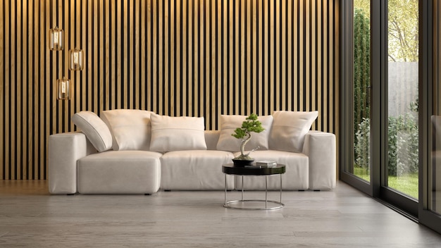 Интерьер современной гостиной с диваном 3 D рендеринга