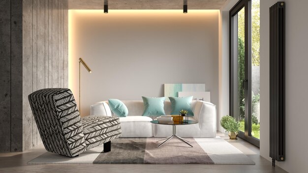 Interior of modern living room with sofa 3D rendering