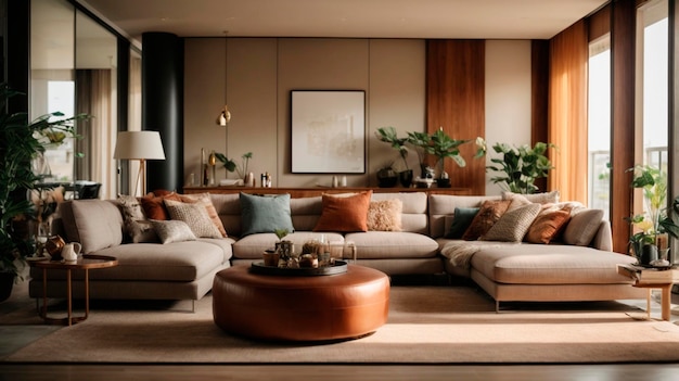 Interior of modern living room with sofa coffee table and plants