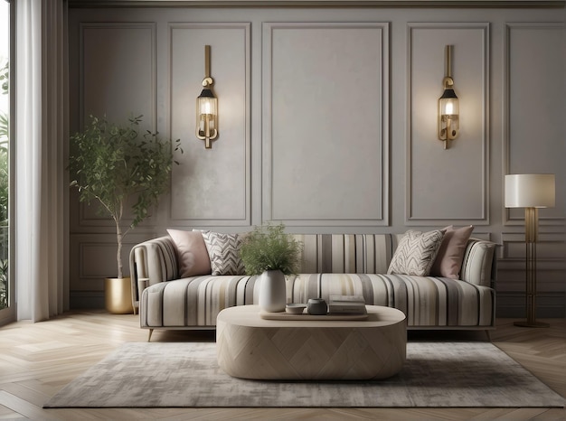 Interior of modern living room with striped accent coffee table and classical patterned armchair