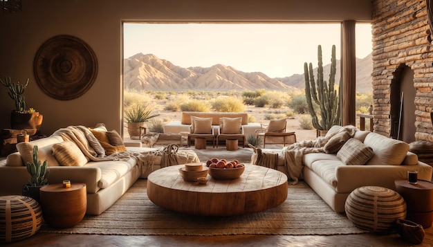 Photo interior of a modern living room with a view of the desert