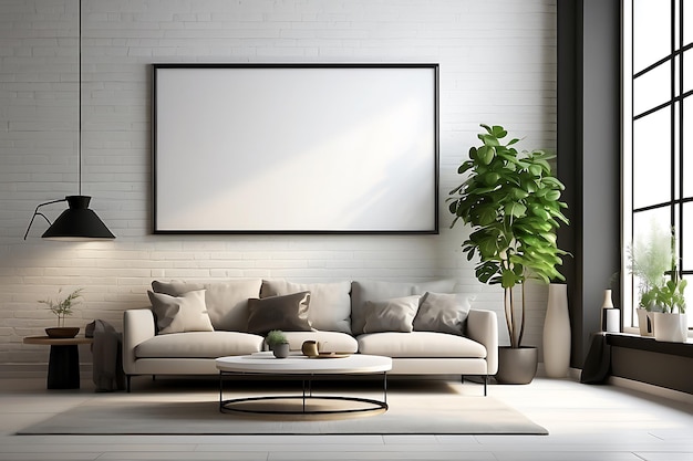 Interior of modern living room with white brick wall sofa coffee table and mock up poster frame