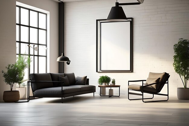 Photo interior of modern living room with white brick wall sofa coffee table and mock up poster frame