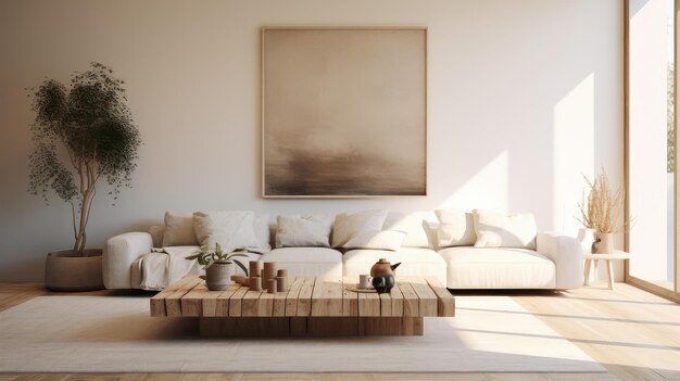 Photo interior of modern living room with white sofa and wooden coffee table 3d render