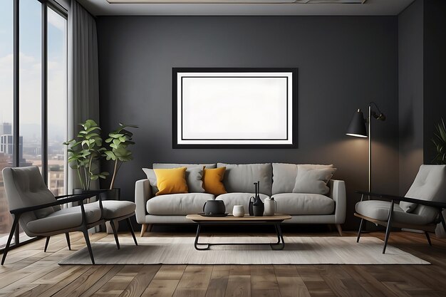 Интерьер современной гостиной с белыми стенами, бетонным полом, черным диваном и двумя вертикальными макетами