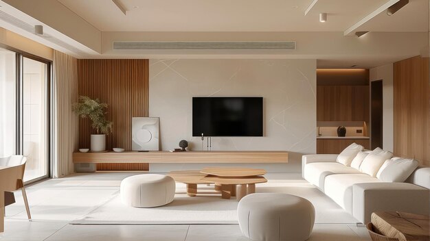 Interior of modern living room with white and wooden walls tiled floor comfortable white sofas