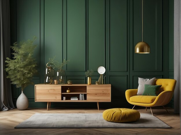 Interior of modern living room with wooden sideboard over green wall