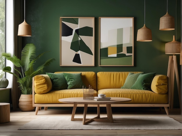 Interior of modern living room with wooden sideboard over green wall