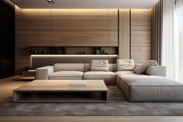 Interior of modern living room with wooden walls wooden floor beige sofa and coffee table