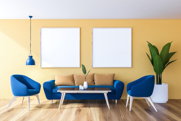 Interior of modern living room with yellow walls, wooden floor, blue and beige sofa and two blue armchairs standing near black coffee table with two square posters above it. 3d rendering mock up